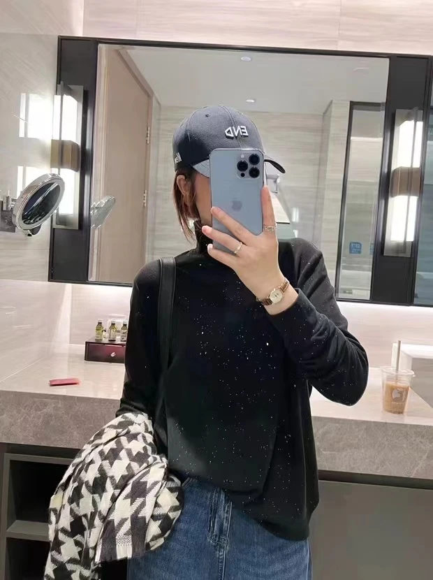 简约气质亮闪闪高领打底衫秋冬百搭长袖T恤