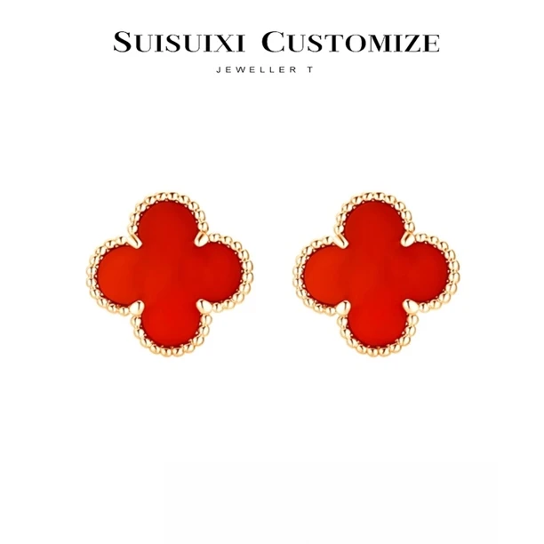 铜合金耳饰   岁岁禧【红色四叶草】 cnc精雕高定版 轻奢耳钉