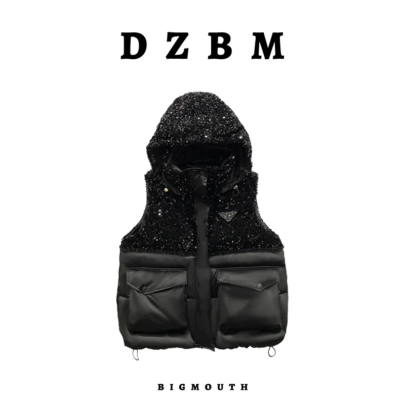 DZBM马甲时尚黑色设计师保暖秋冬冬季休闲百搭亮片设计-W5578