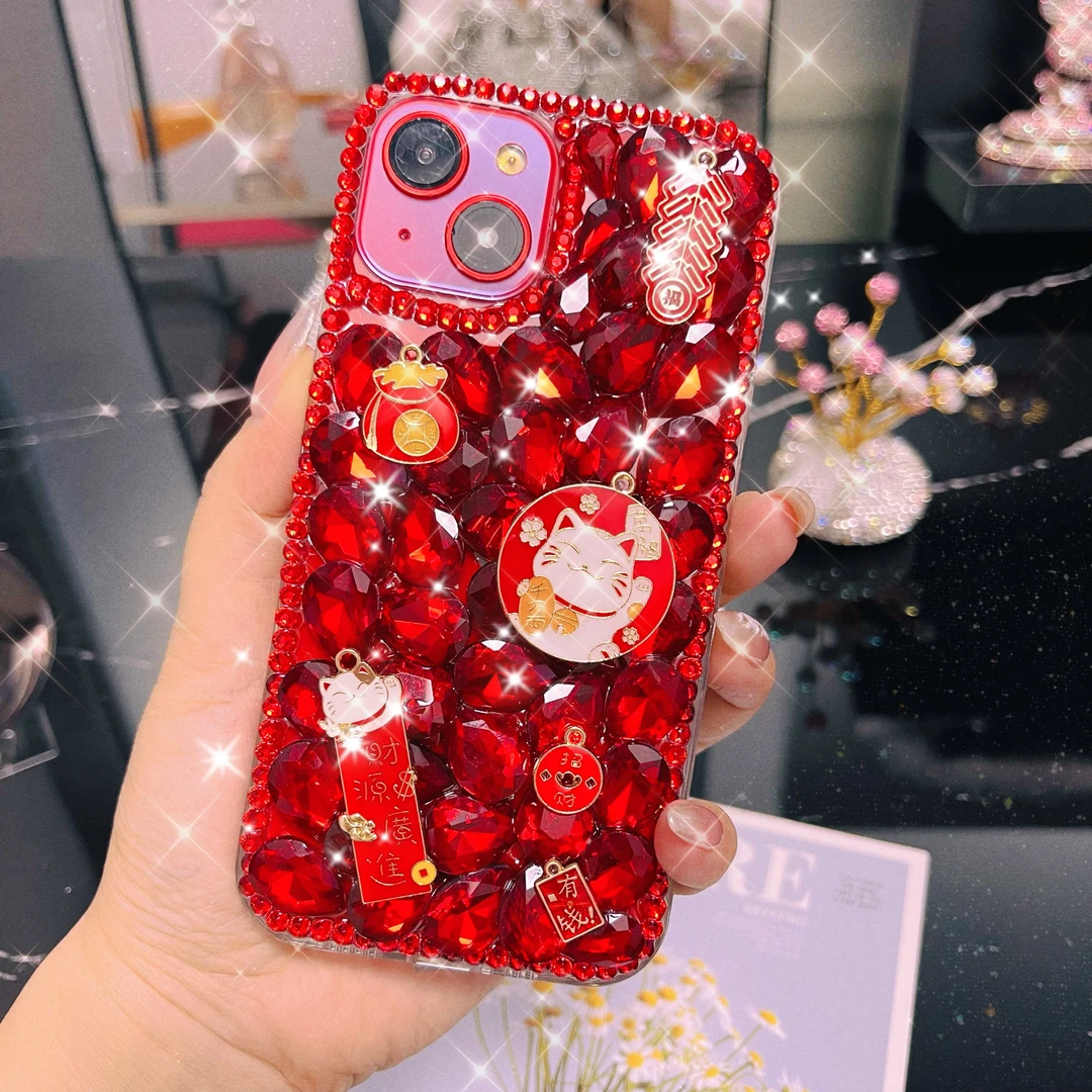 【苹果/华为/OPPO/VIVO/小米】轻奢高定过年红色招财猫镶满钻手机壳