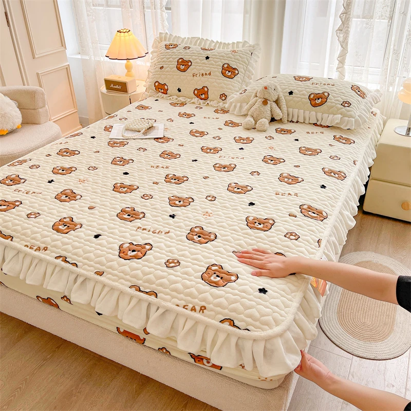 冬季牛奶绒床笠花边款家用卧室床垫宿舍学生单人可机洗加厚软垫子