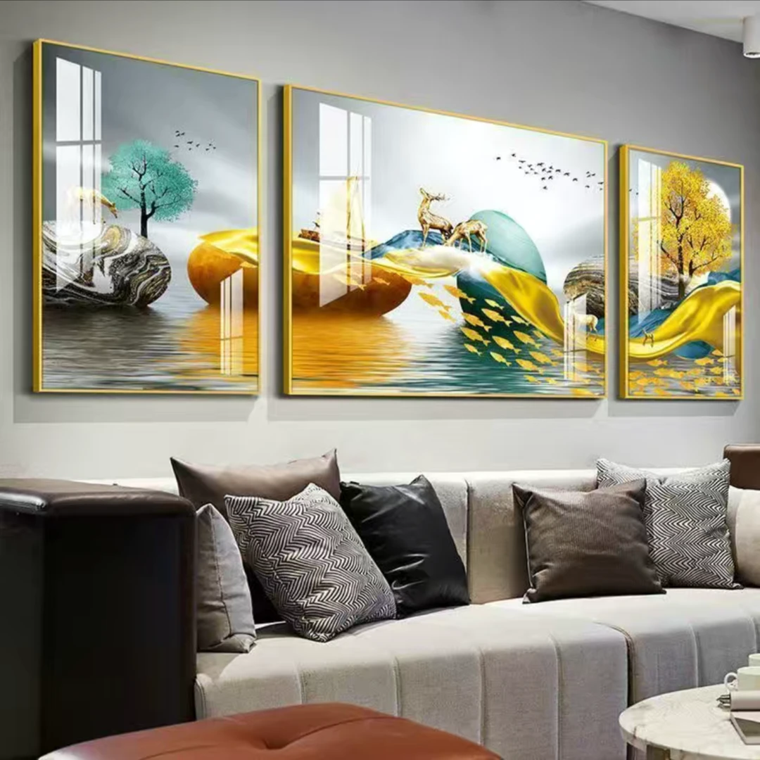 奢熙【金福玉禄】客厅装饰画三联画沙发背景画-晶瓷镶钻轻奢