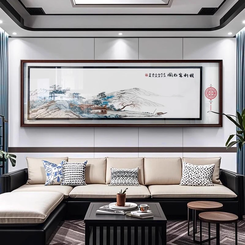 刺绣山水画高档别墅新中式客厅装饰画苏绣办公室茶楼挂画