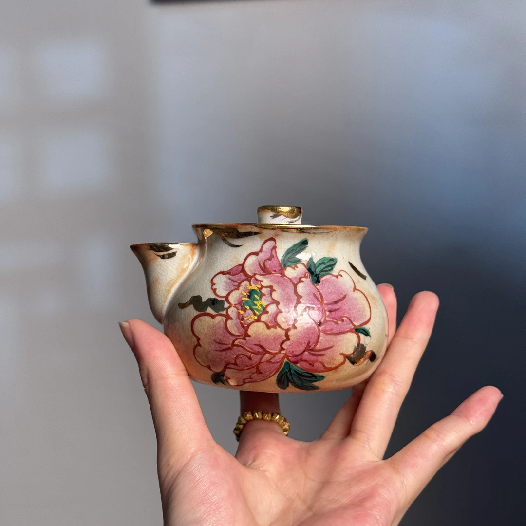 【长石志野烧牡丹花钱袋手抓壶】陶瓷手绘长石志野烧宝瓶容量140ml