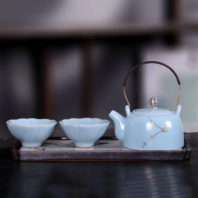 【李辉熠汝窑锔钉提梁壶】一壶两杯中式复古汝瓷天青功夫茶具套装