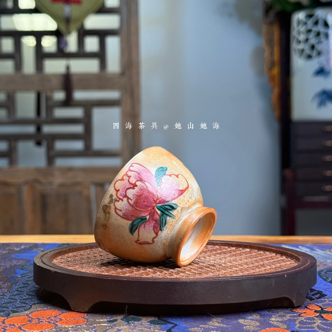 四海【长石志野烧月下牡丹小杯】手绘牡丹花志野烧主人杯容量50ml