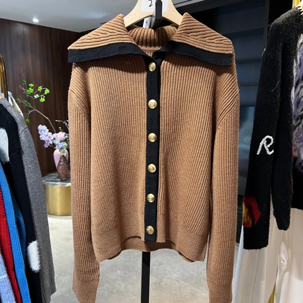 k07 秋冬新品翻领针织开衫美拉德风格女宽松绒感毛衣外套