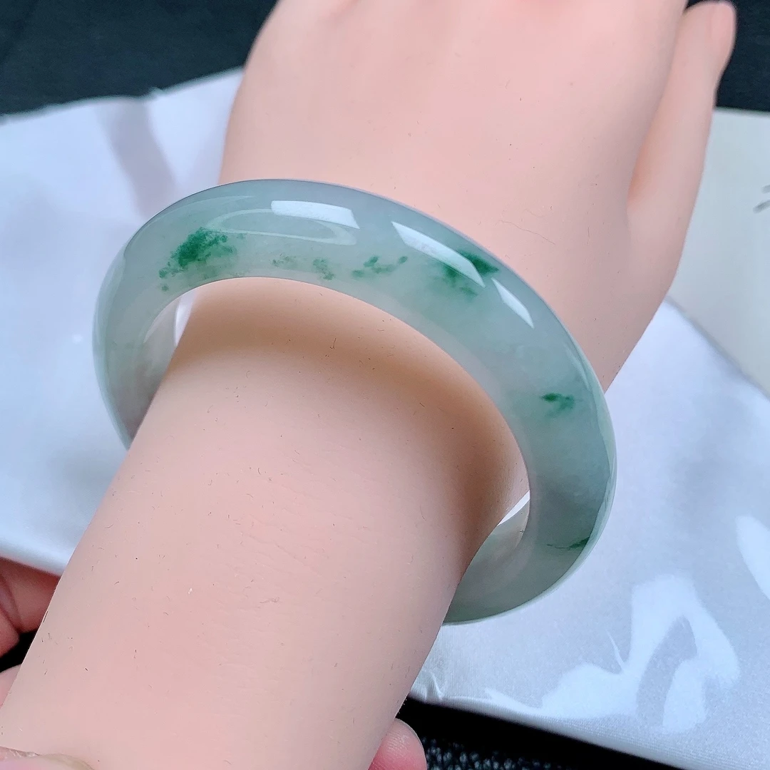 57圈口正品天然A货翡翠冰透飘花起胶手镯飘绿宽边加厚干净女士款