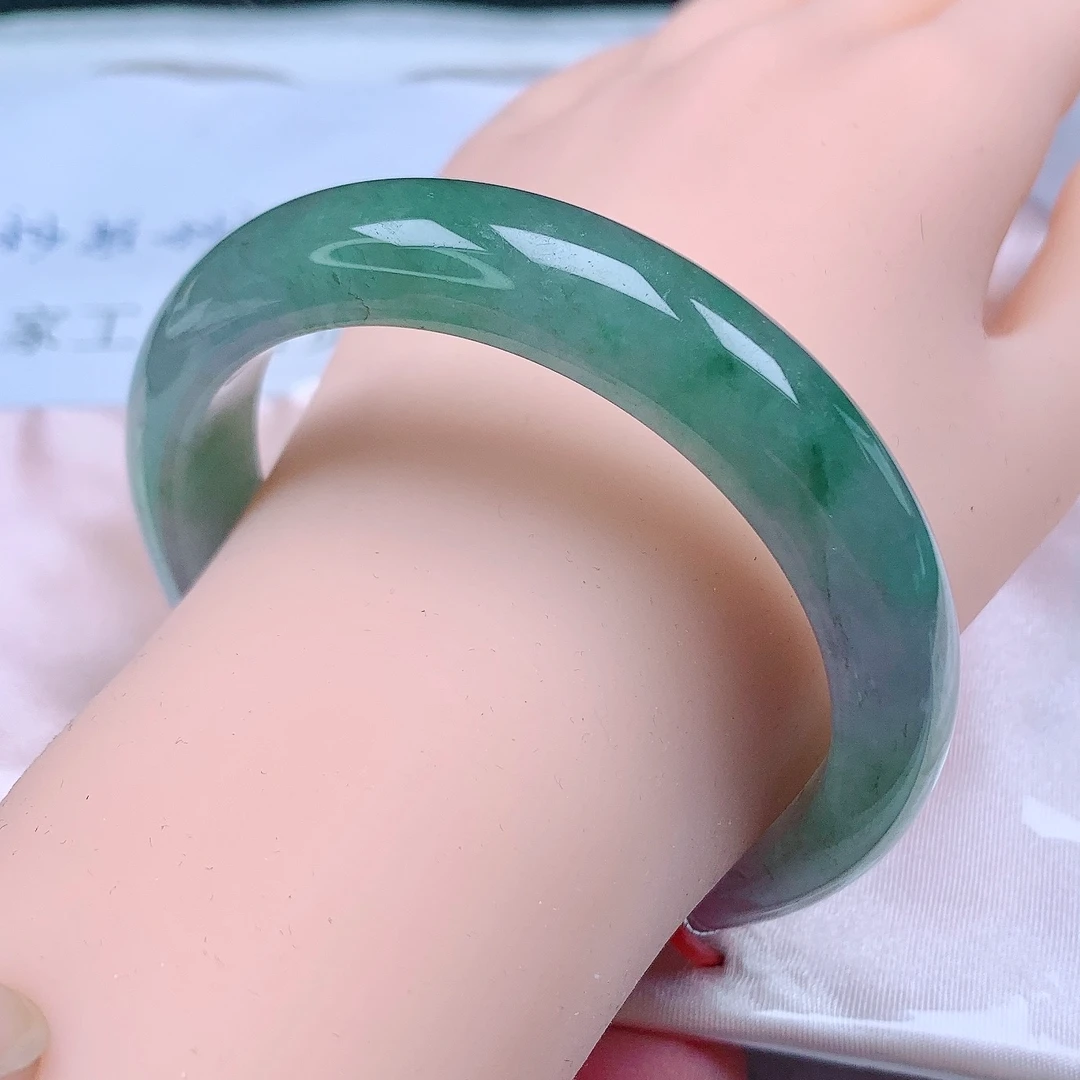 58圈天然A货翡翠春带彩手镯冰透厚装大圈女士上等玉镯时尚百搭女