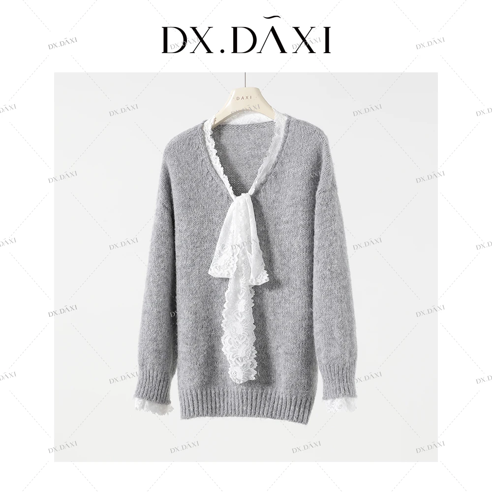 DX.DAXI【韩系欧尼】慵懒蕾丝花边宽松百搭针织衫24秋冬新款上衣