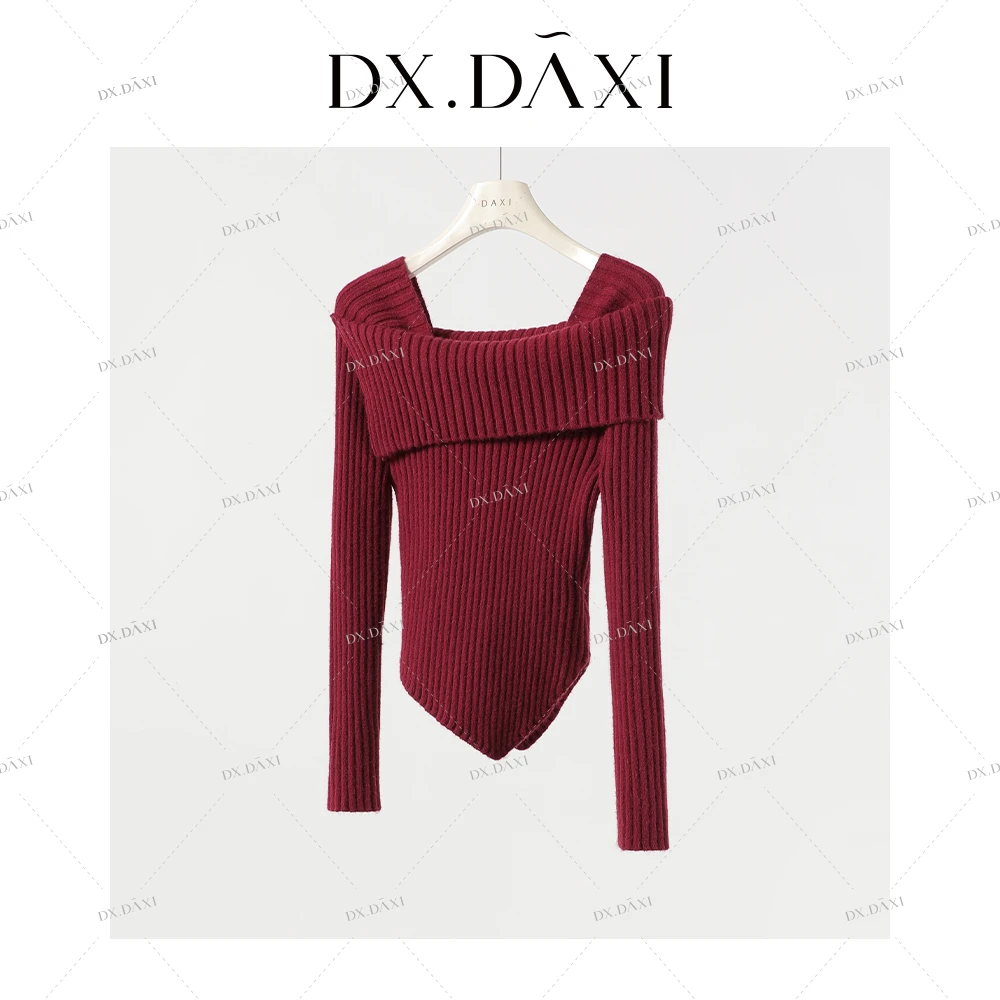 代大喜【红丝绒】韩系复古温柔气质方领显瘦针织衫秋季新款红毛衣