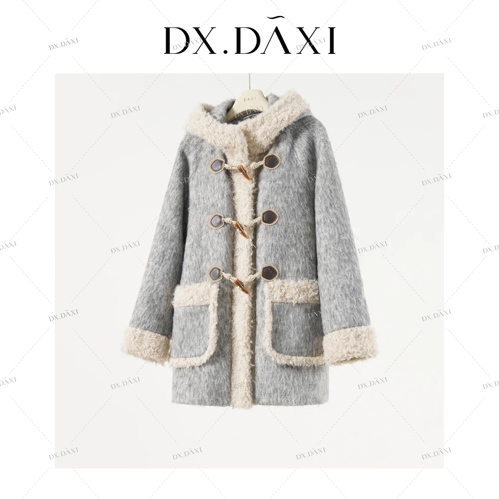 代大喜【圣保罗的冬】韩版连帽牛角扣大衣灰厚款中长款外套冬季新款