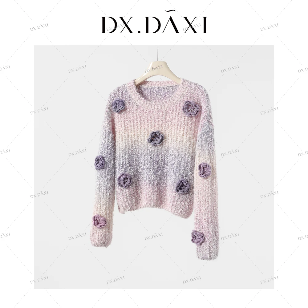 【韵味玫瑰】玫瑰花设计感渐变针织衫温柔风毛衣女款冬季新款上衣