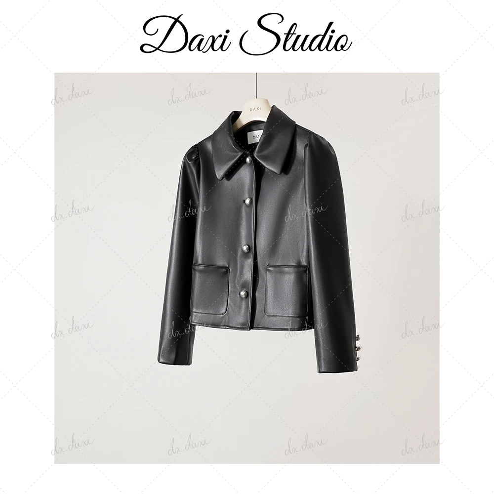代大喜【曼城黑金曲】法式复古黑色小金扣短款皮衣外套女薄荷曼波