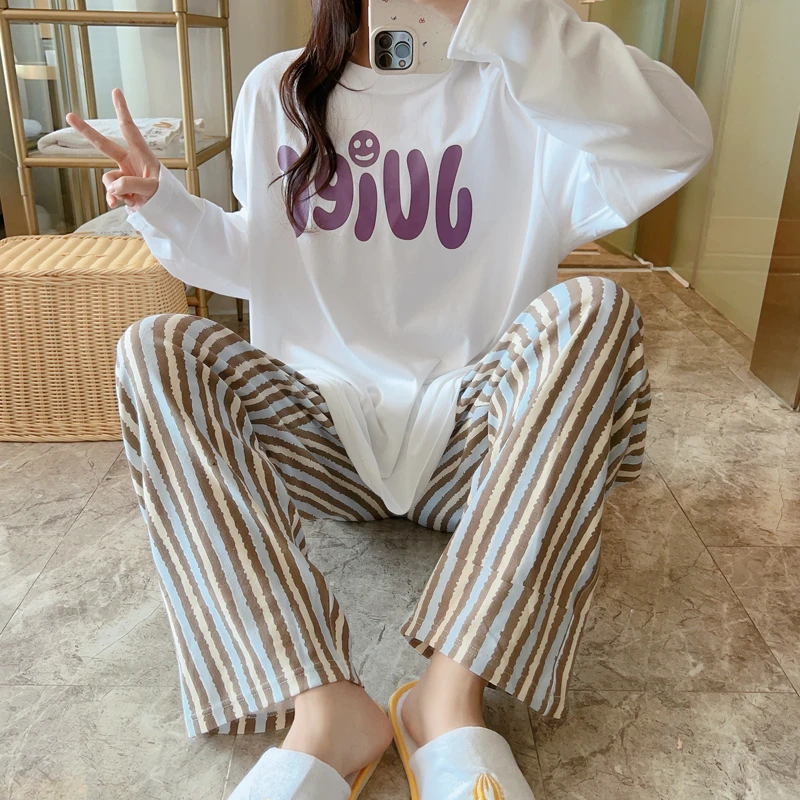 ins大码新款女士睡衣长袖纯棉春季秋可外穿少女胖M学生家居服套装