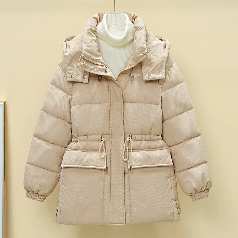 棉衣女中长款2024冬季新款提花面料宽松加厚可抽腰大口袋保暖棉袄