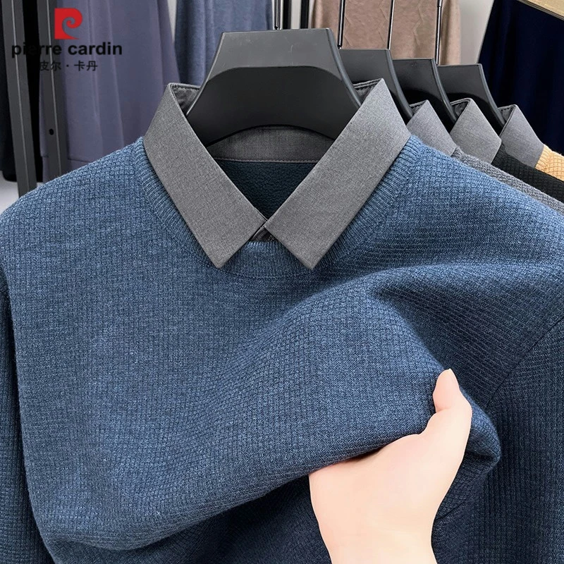 皮尔卡丹假两件毛衣男士衬衫领秋冬季新款加绒加厚休闲保暖针织衫