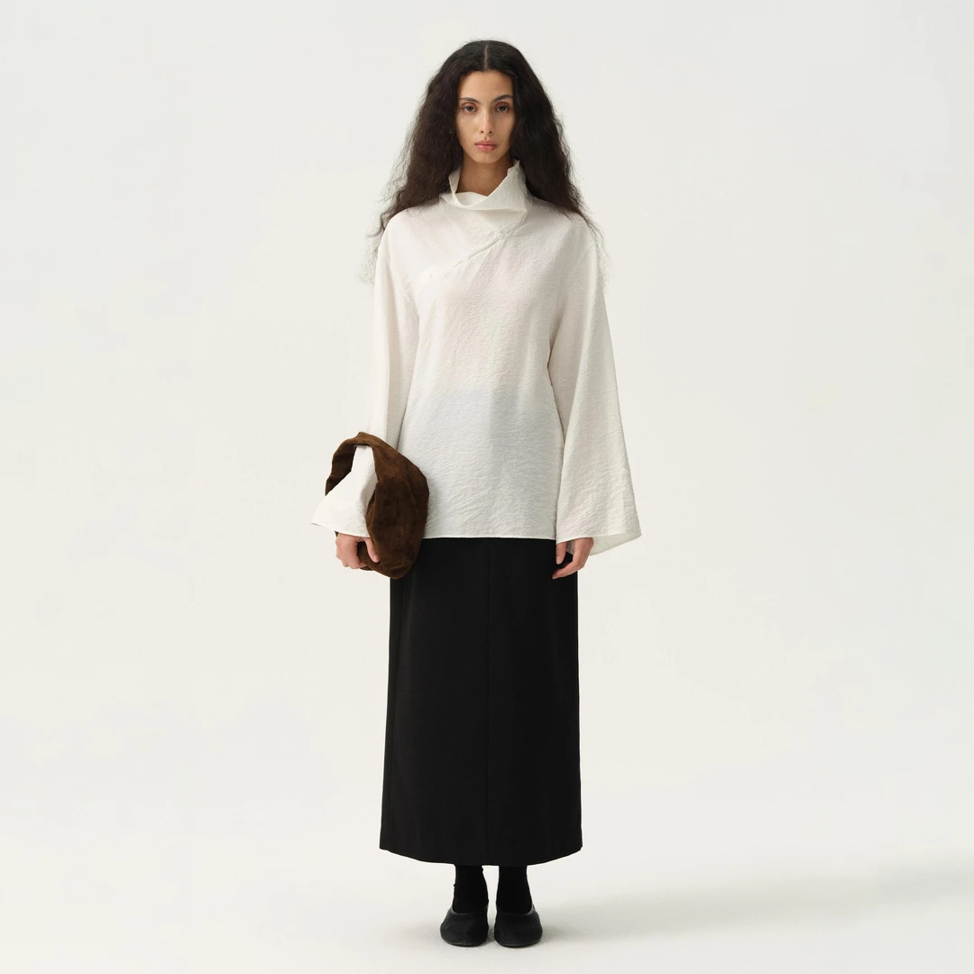 白弓BAIGONG/干丝系列斜襟立领桑蚕丝衬衣36630X