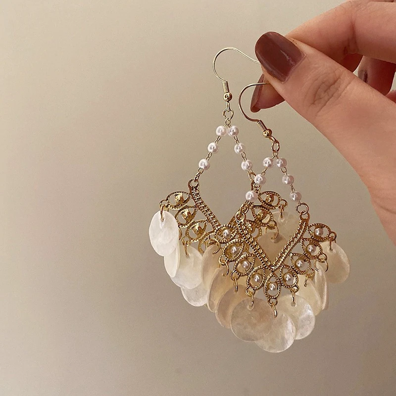 卡西斯之夜超仙法式复古贝壳流苏耳环夸张轻奢高级小众ins耳挂