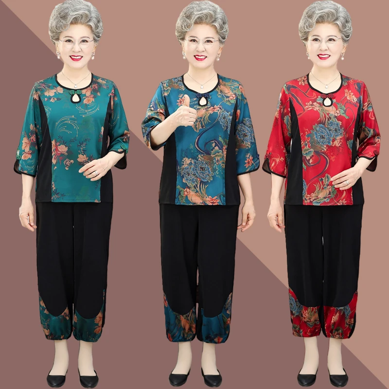 中老年人女装夏装套装老人妈妈服装奶奶婆婆60-70岁80太太上衣服