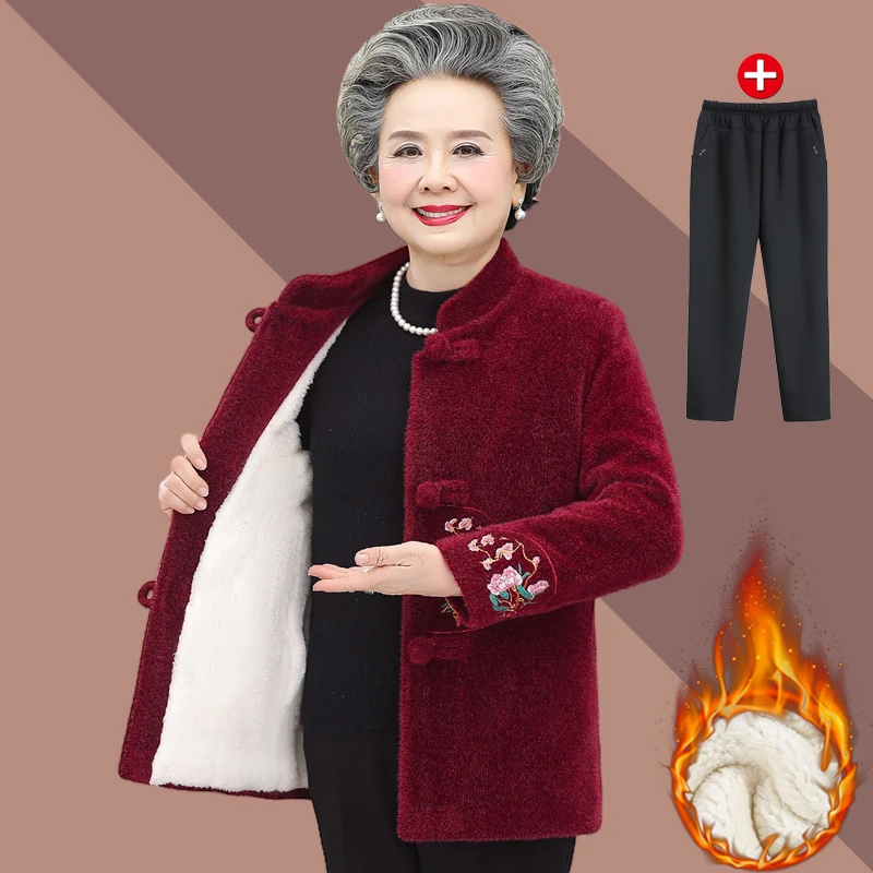 中老年人女装毛呢外套加绒加厚棉衣60-70岁80老人妈妈太太衣服