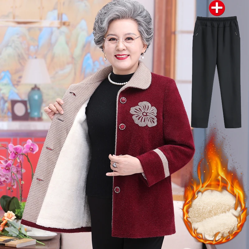 中老年人女装冬装加绒加厚外套大码胖老人奶奶衣服老太太妈妈时尚