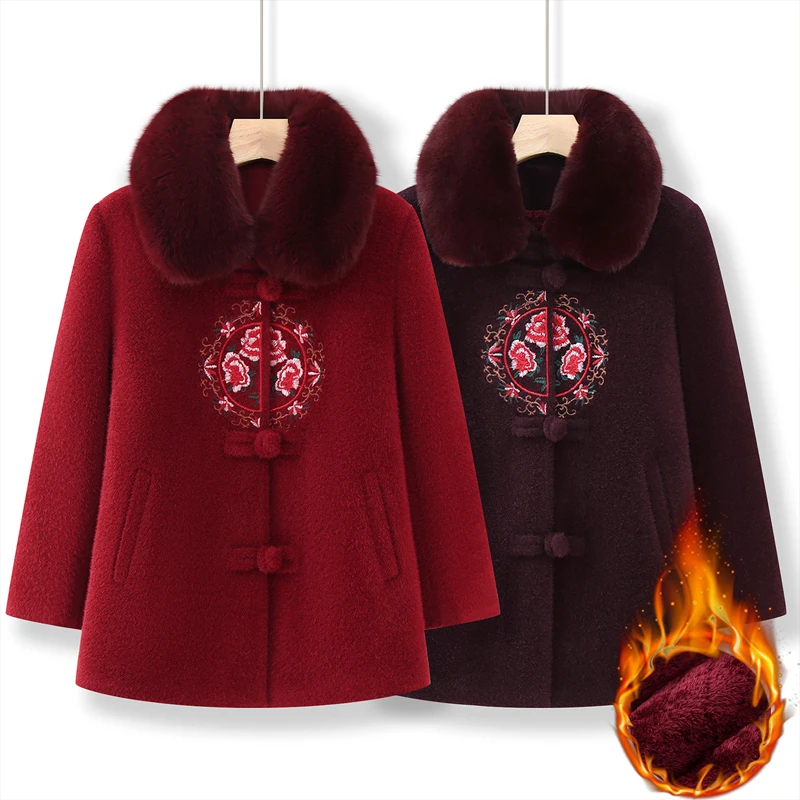 中老年人冬装毛呢子大衣女奶奶秋冬外套加绒加厚妈妈新款老人衣服