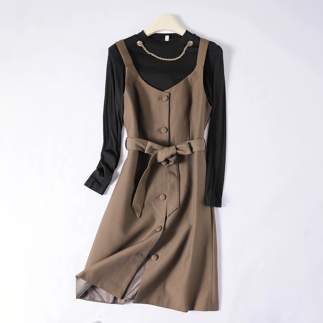 R-8999  休闲复古气质背带连衣裙显瘦收腰中长款时尚女装