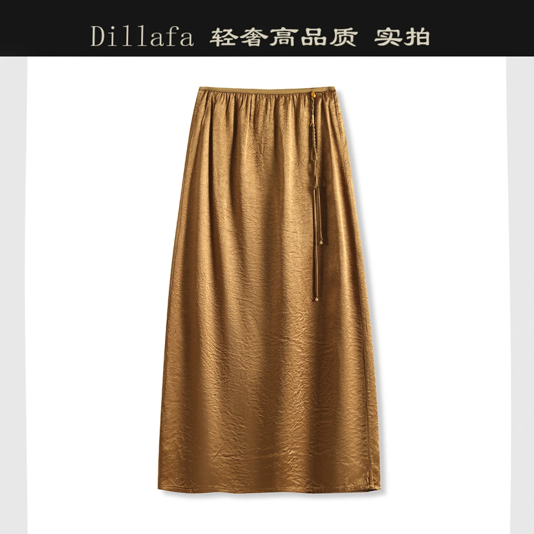 56093 柜货！女式夏季新中式飘逸褶皱肌理感缎面直筒松紧腰半身裙