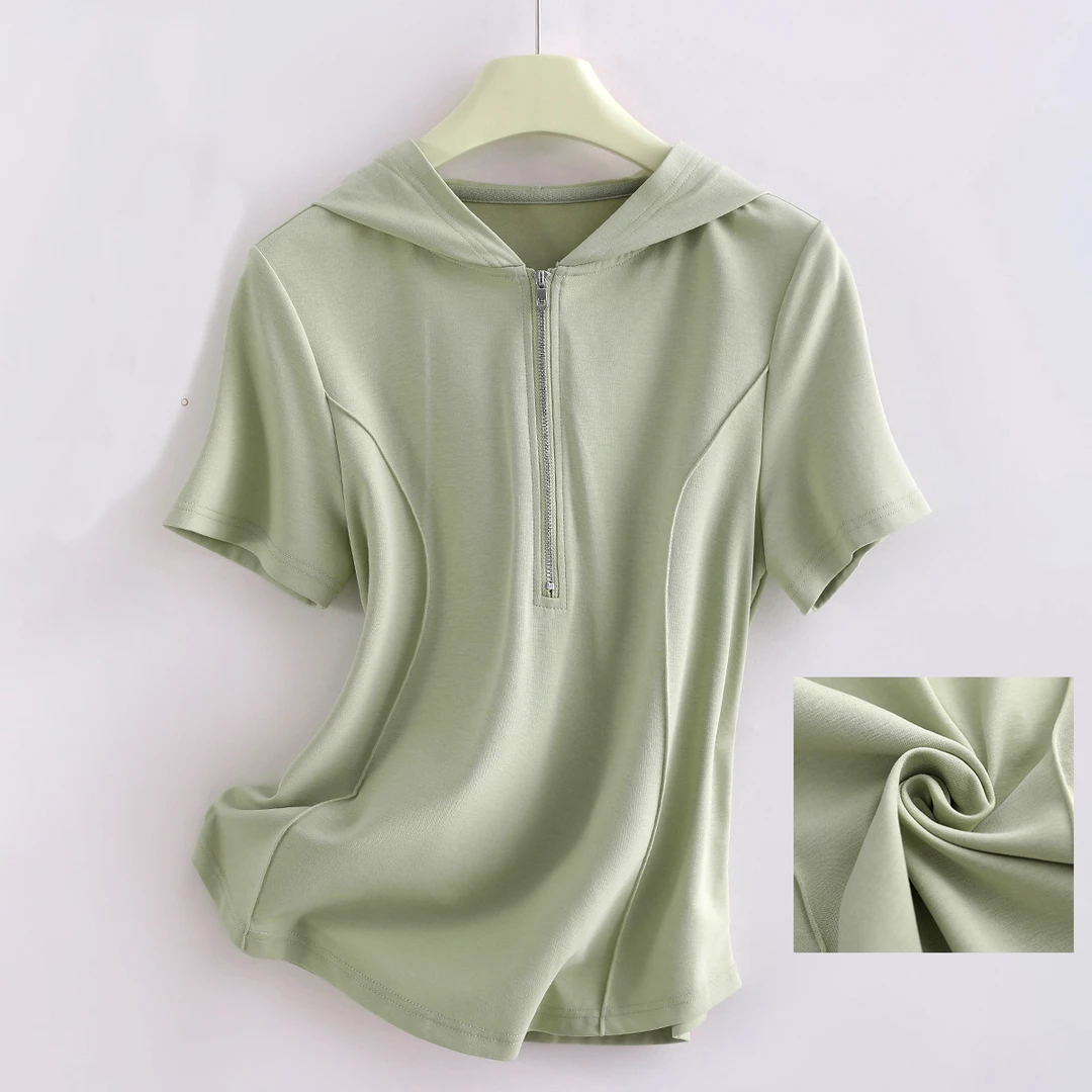 5902  轻奢！供一线！黄金比例！曲线圆弧摆立裁连帽短袖休闲T恤女