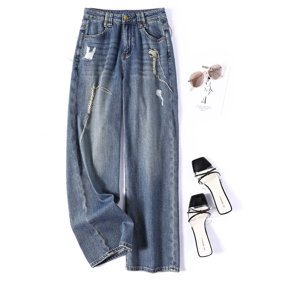 51043 品质柜货！秋季高腰牛仔裤显瘦梨形身材遮胯显瘦休闲阔腿裤