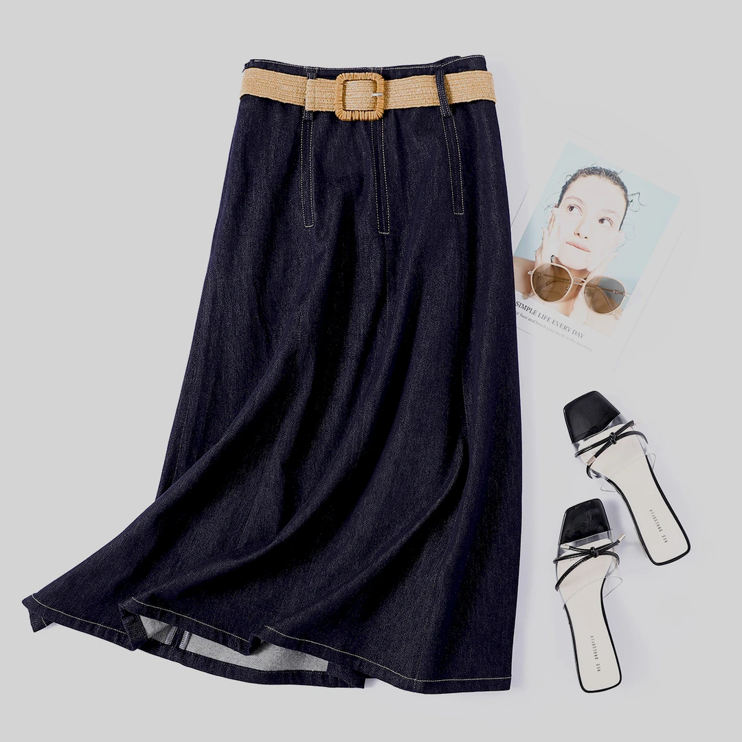 510131 品质柜货！百搭深蓝色高货遮胯显瘦大摆半身裙高腰牛仔裙