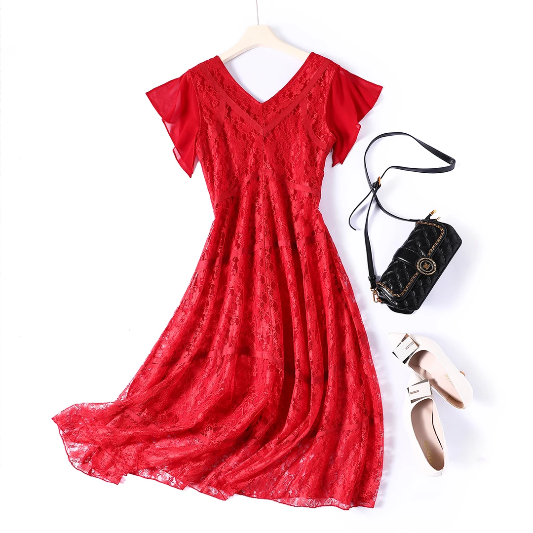 42881 温柔的小性感！ 温柔优雅风V领修身纯色时尚蕾丝连衣裙