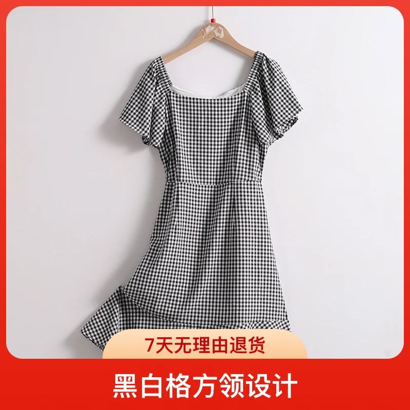 12176 柜货！ 女式夏日黑白格方领连衣裙