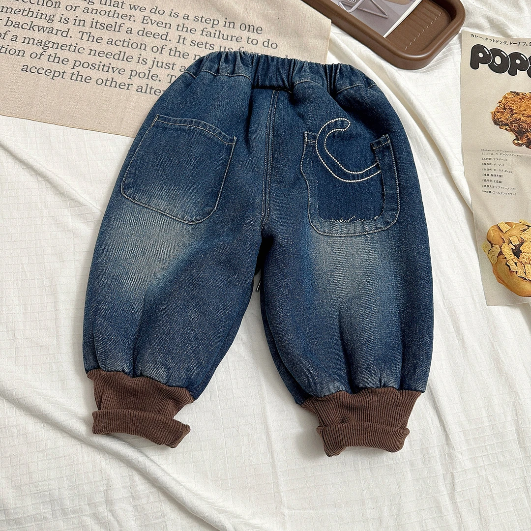 NWJ-376磨破字母C牛仔裤 加绒宽松休闲男女童潮宝冬韩版灯笼长裤