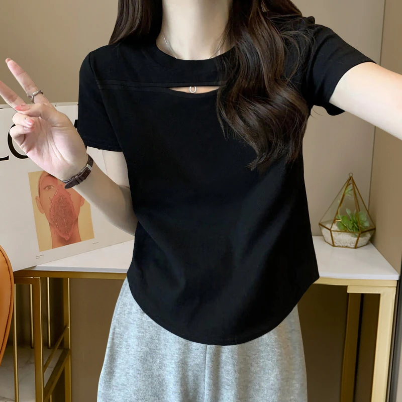 棉质欧美辣妹紧身显瘦短袖t恤女夏季2024设计感镂空减龄短款上衣