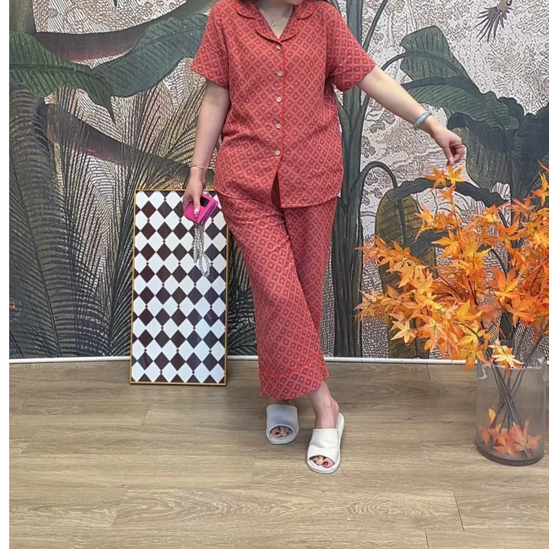 维特小镇 夏季全棉双层纱女士短袖长裤套装睡衣家居服时尚休闲