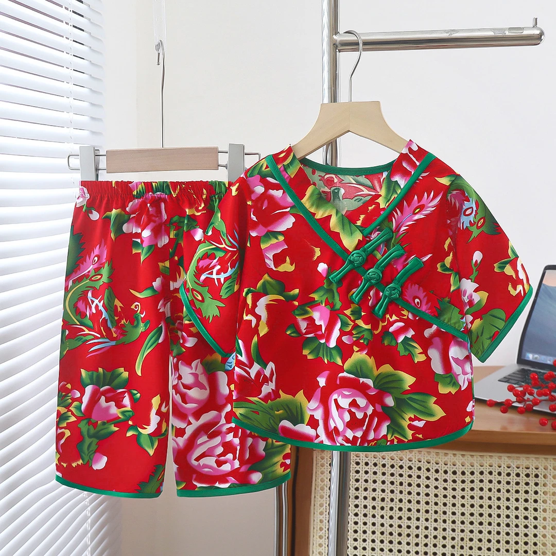女童东北大花棉绸套装夏季汉服民族风新款空调服宝宝家居外出唐装