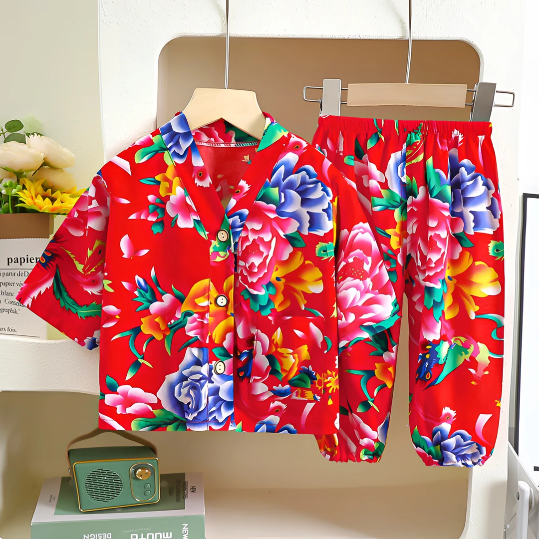 夏季儿童棉绸空调服套装东北大花小童男女童睡衣两件套绵绸家居服