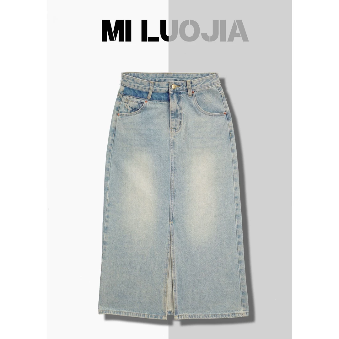 B2C60082025新款爆款显瘦半身裙牛仔蓝色高腰A字摆时尚百搭浅蓝67