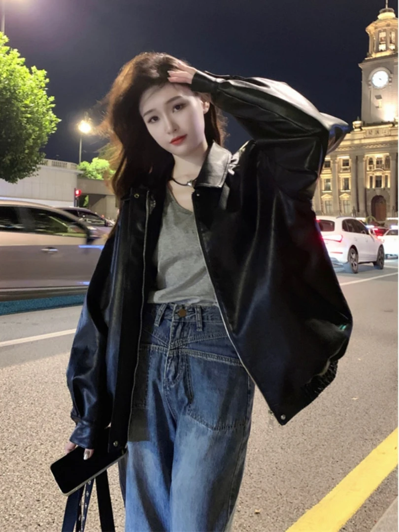 黑色皮衣外套女春秋新款韩版高级设计感休闲时尚网红炸街夹克外套