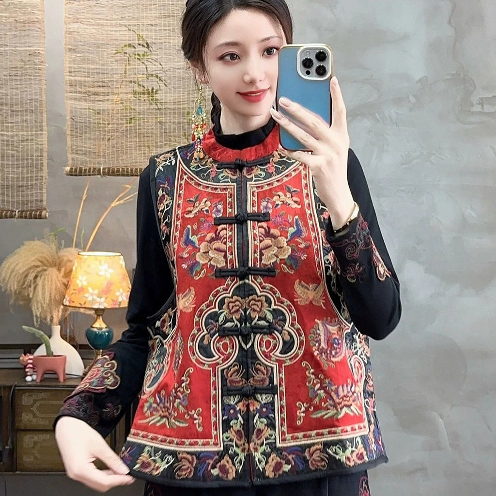 雪儿（晚香）复古民族风盘扣牡丹绣花缎面提花马甲1128