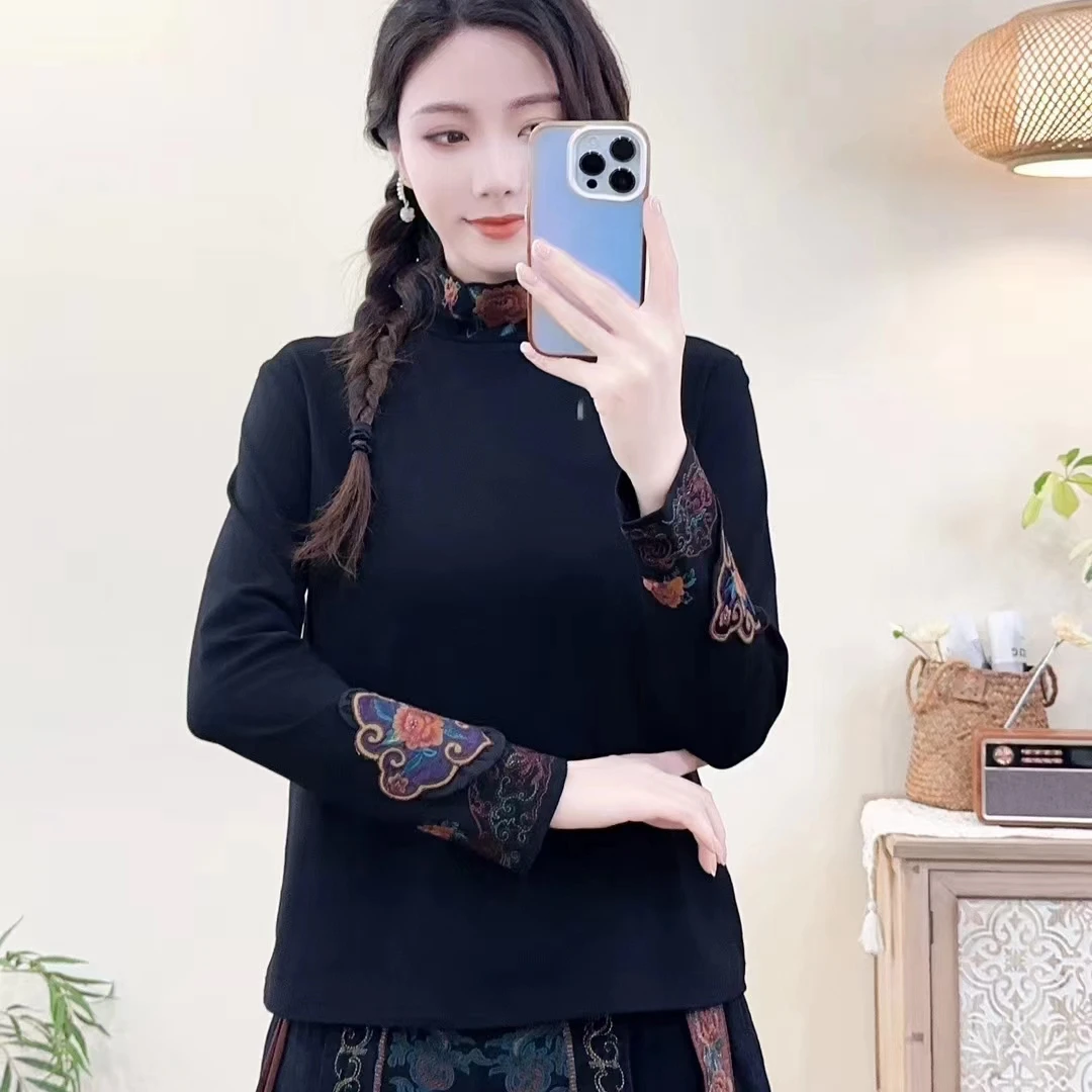 雪儿 秋冬民族风T恤牡丹花刺绣半高领贴布绣打底衫1108