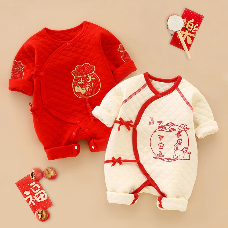 满月宝宝衣服秋冬季红色刚出生新生婴儿满月服连体衣保暖夹棉冬天