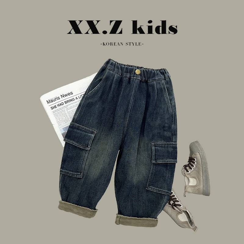 【布布现货】冬装儿童韩版复古牛仔工装加绒保暖裤子HDM3155