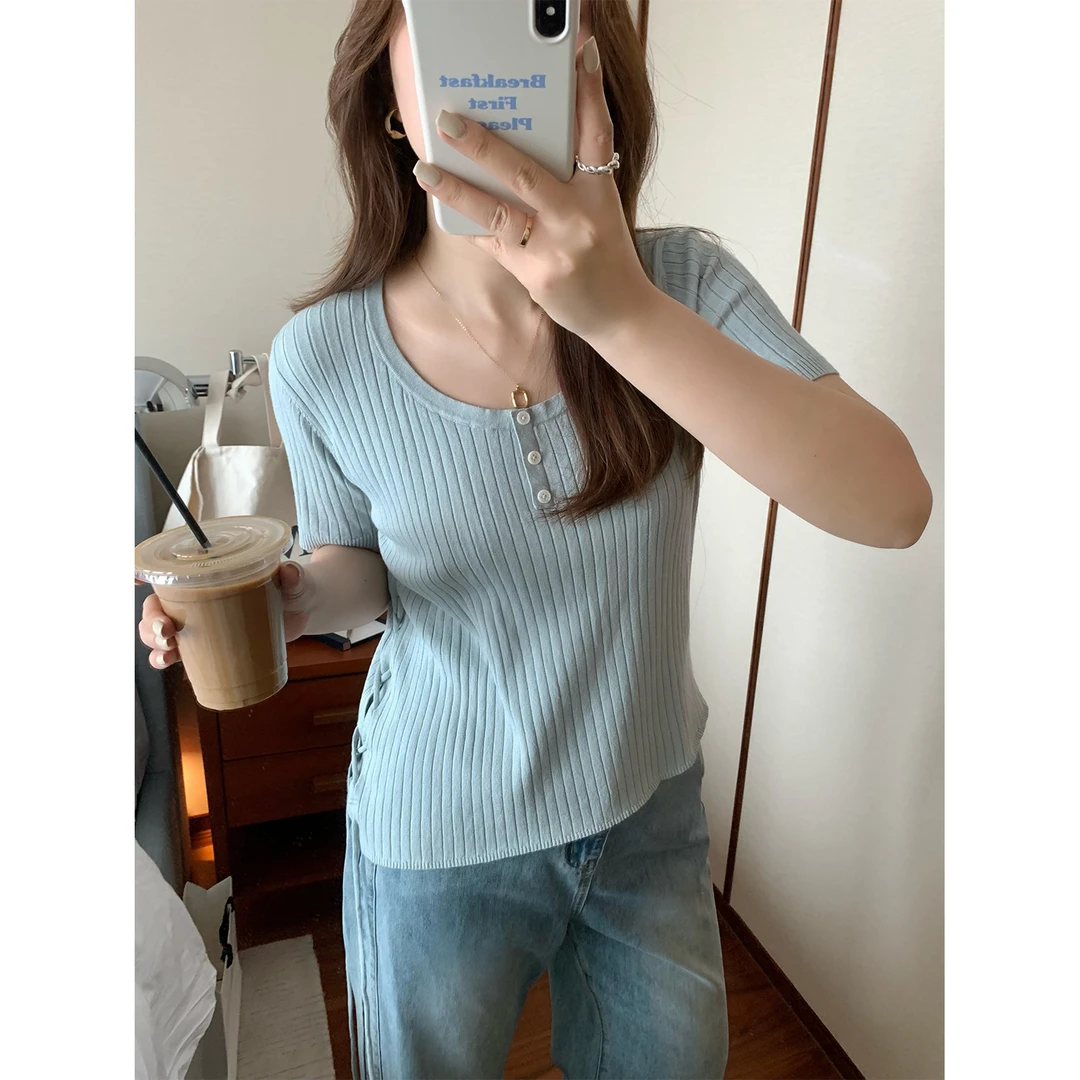 大婉酱微胖定制肌理感针织短袖T恤女夏季薄款冰凉设计感上衣4698D