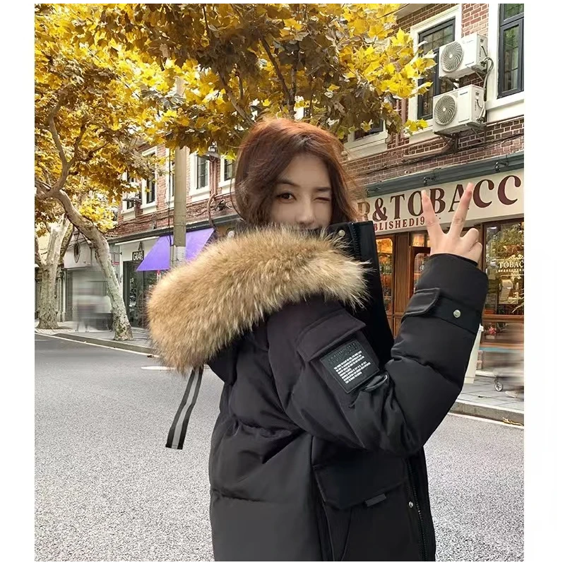 登登同款90白鸭绒长款真毛领工装羽绒服