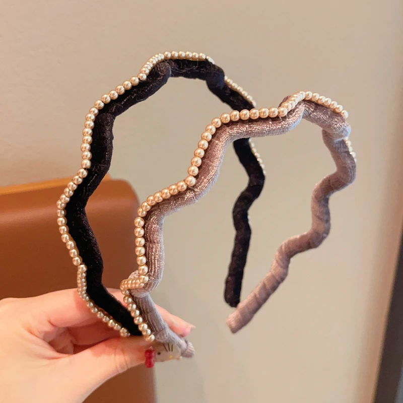 儿童丝绒波浪发箍秋冬新款发卡女孩高级感珍珠头箍女孩不勒头发饰