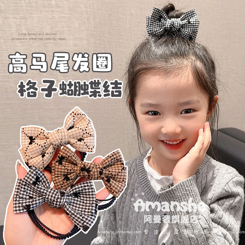 儿童新款格子高马尾蝴蝶结发圈头绳布艺皮筋公主头女孩不伤发发饰