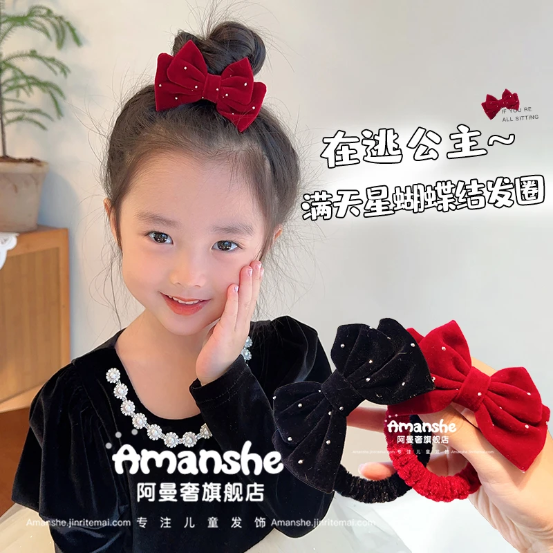 儿童蝴蝶结发圈韩版丝绒公主头高马尾发圈小香风高弹皮筋头绳发饰